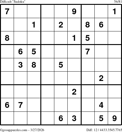 The grouppuzzles.com Difficult Sudoku puzzle for Friday March 27, 2026