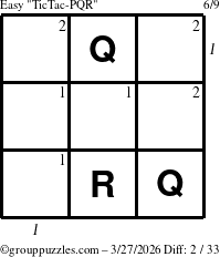 The grouppuzzles.com Easy TicTac-PQR puzzle for Friday March 27, 2026 with all 2 steps marked