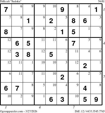 The grouppuzzles.com Difficult Sudoku puzzle for Friday March 27, 2026, suitable for printing, with all 12 steps marked