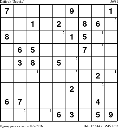 The grouppuzzles.com Difficult Sudoku puzzle for Friday March 27, 2026 with the first 3 steps marked