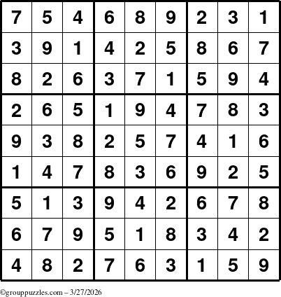 The grouppuzzles.com Answer grid for the Sudoku puzzle for Friday March 27, 2026