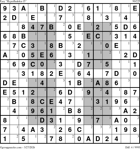 The grouppuzzles.com Easy HyperSudoku-15 puzzle for Friday March 27, 2026 with the first 3 steps marked