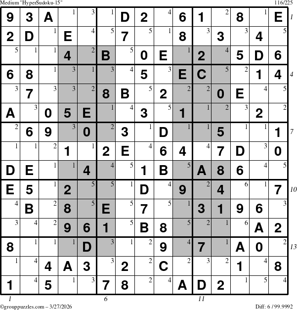 The grouppuzzles.com Medium HyperSudoku-15 puzzle for Friday March 27, 2026, suitable for printing, with all 6 steps marked