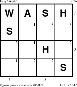 The grouppuzzles.com Easy Wash puzzle for Tuesday September 30, 2025 with all 3 steps marked