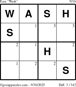 The grouppuzzles.com Easy Wash puzzle for Tuesday September 30, 2025 with the first 3 steps marked