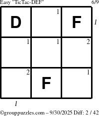 The grouppuzzles.com Easy TicTac-DEF puzzle for Tuesday September 30, 2025 with all 2 steps marked
