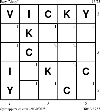 The grouppuzzles.com Easy Vicky puzzle for Tuesday September 30, 2025 with all 3 steps marked