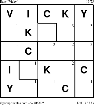 The grouppuzzles.com Easy Vicky puzzle for Tuesday September 30, 2025 with the first 3 steps marked