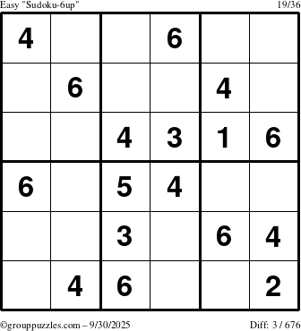 The grouppuzzles.com Easy Sudoku-6up puzzle for Tuesday September 30, 2025