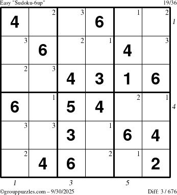 The grouppuzzles.com Easy Sudoku-6up puzzle for Tuesday September 30, 2025, suitable for printing, with all 3 steps marked