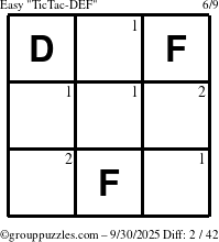 The grouppuzzles.com Easy TicTac-DEF puzzle for Tuesday September 30, 2025 with the first 2 steps marked