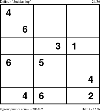 The grouppuzzles.com Difficult Sudoku-6up puzzle for Tuesday September 30, 2025