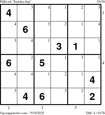 The grouppuzzles.com Difficult Sudoku-6up puzzle for Tuesday September 30, 2025 with all 4 steps marked