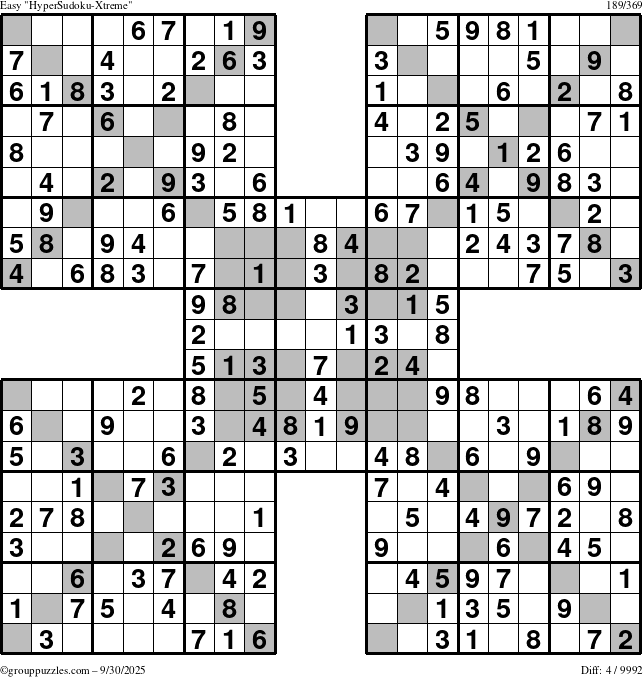The grouppuzzles.com Easy HyperSudoku-Xtreme puzzle for Tuesday September 30, 2025