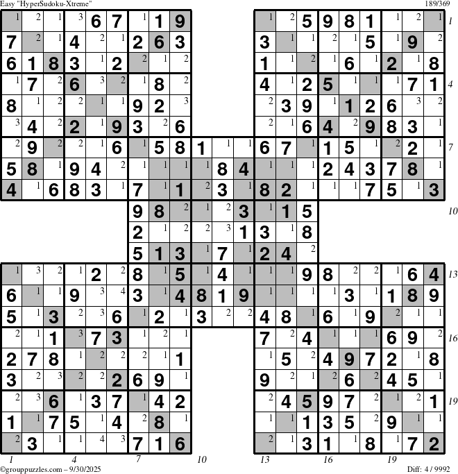 The grouppuzzles.com Easy HyperSudoku-Xtreme puzzle for Tuesday September 30, 2025 with all 4 steps marked