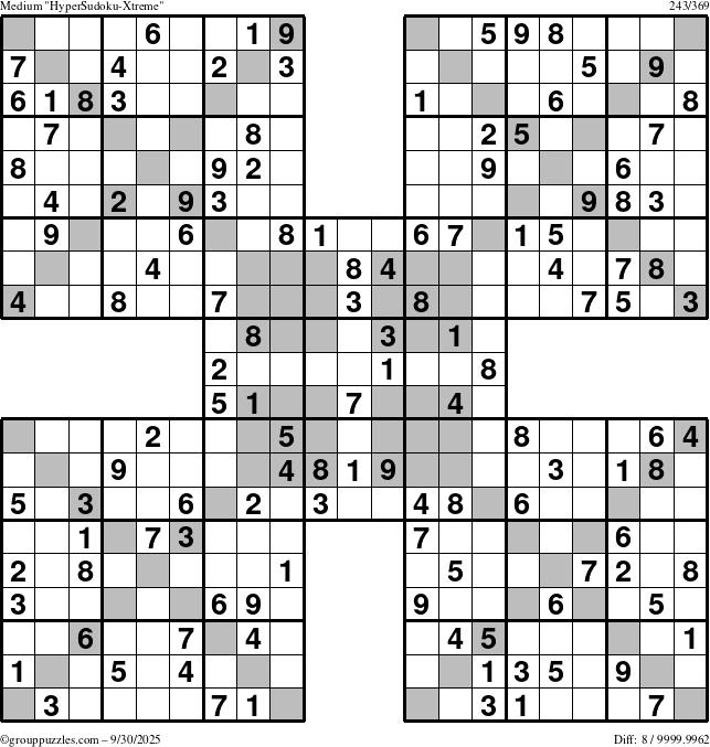 The grouppuzzles.com Medium HyperSudoku-Xtreme puzzle for Tuesday September 30, 2025