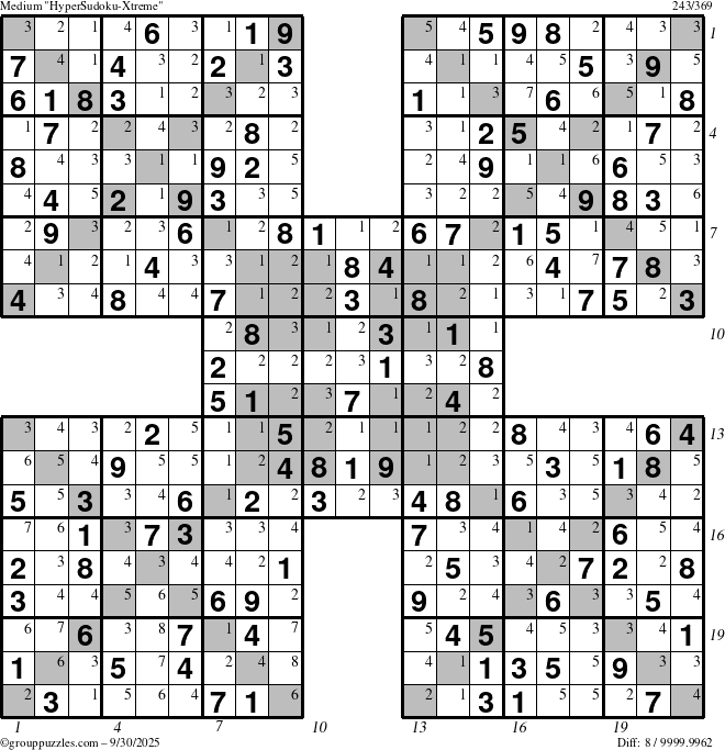 The grouppuzzles.com Medium HyperSudoku-Xtreme puzzle for Tuesday September 30, 2025 with all 8 steps marked
