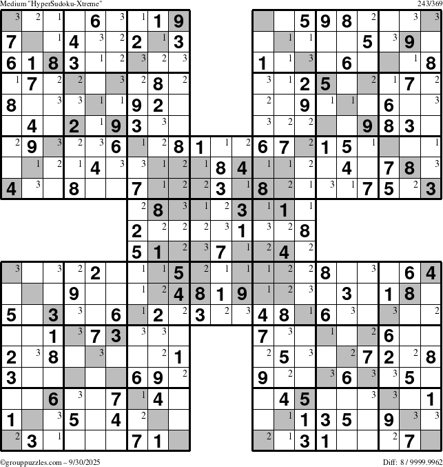 The grouppuzzles.com Medium HyperSudoku-Xtreme puzzle for Tuesday September 30, 2025 with the first 3 steps marked