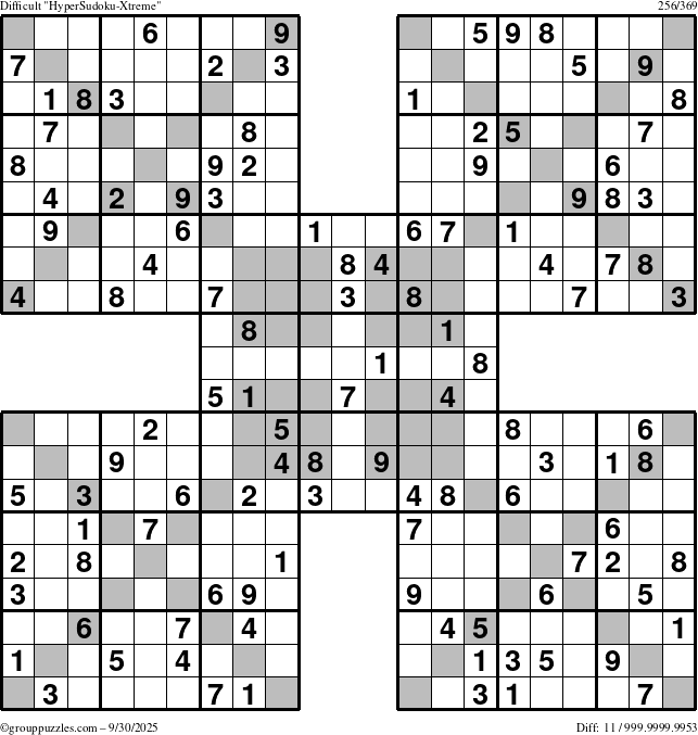 The grouppuzzles.com Difficult HyperSudoku-Xtreme puzzle for Tuesday September 30, 2025