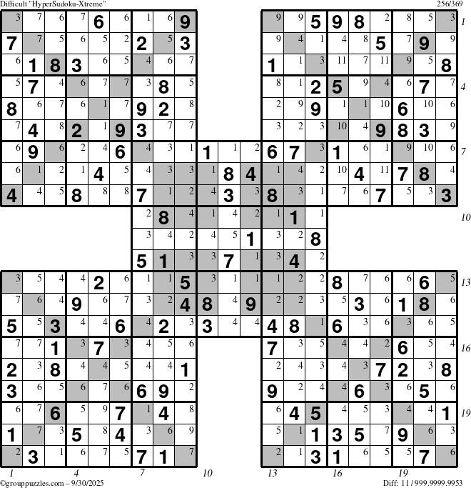 The grouppuzzles.com Difficult HyperSudoku-Xtreme puzzle for Tuesday September 30, 2025 with all 11 steps marked