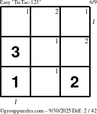 The grouppuzzles.com Easy TicTac-123 puzzle for Tuesday September 30, 2025 with all 2 steps marked