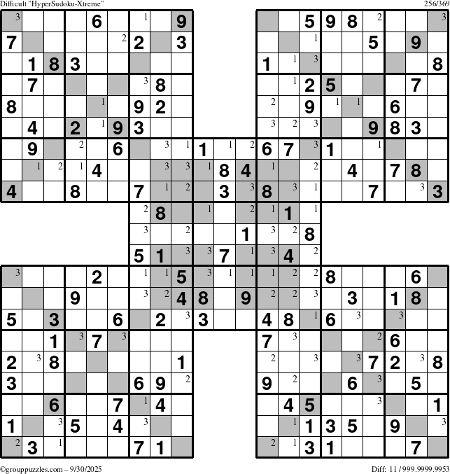 The grouppuzzles.com Difficult HyperSudoku-Xtreme puzzle for Tuesday September 30, 2025 with the first 3 steps marked
