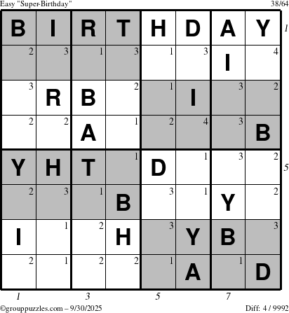 The grouppuzzles.com Easy Super-Birthday puzzle for Tuesday September 30, 2025 with all 4 steps marked