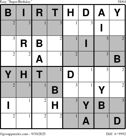 The grouppuzzles.com Easy Super-Birthday puzzle for Tuesday September 30, 2025 with the first 3 steps marked