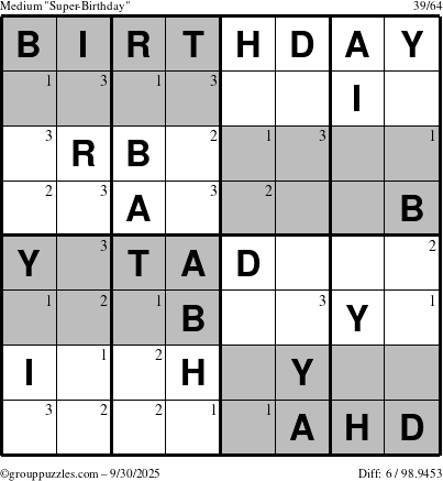 The grouppuzzles.com Medium Super-Birthday puzzle for Tuesday September 30, 2025 with the first 3 steps marked