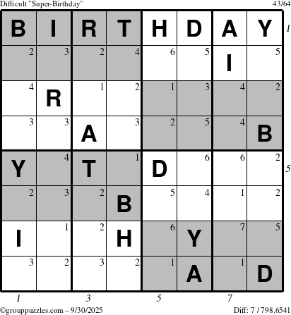 The grouppuzzles.com Difficult Super-Birthday puzzle for Tuesday September 30, 2025 with all 7 steps marked