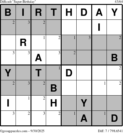The grouppuzzles.com Difficult Super-Birthday puzzle for Tuesday September 30, 2025 with the first 3 steps marked