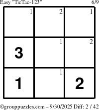 The grouppuzzles.com Easy TicTac-123 puzzle for Tuesday September 30, 2025 with the first 2 steps marked