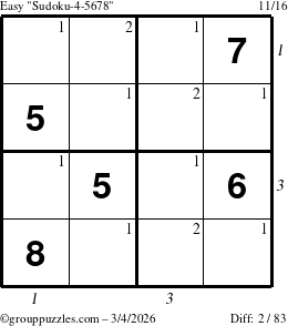 The grouppuzzles.com Easy Sudoku-4-5678 puzzle for Wednesday March 4, 2026 with all 2 steps marked