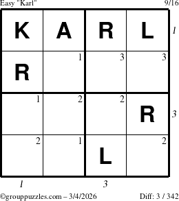The grouppuzzles.com Easy Karl puzzle for Wednesday March 4, 2026 with all 3 steps marked