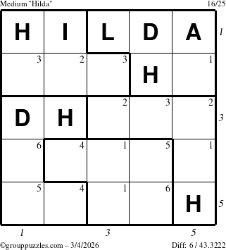 The grouppuzzles.com Medium Hilda puzzle for Wednesday March 4, 2026, suitable for printing, with all 6 steps marked