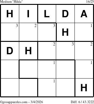 The grouppuzzles.com Medium Hilda puzzle for Wednesday March 4, 2026 with the first 3 steps marked