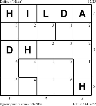 The grouppuzzles.com Difficult Hilda puzzle for Wednesday March 4, 2026, suitable for printing, with all 6 steps marked