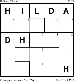 The grouppuzzles.com Difficult Hilda puzzle for Wednesday March 4, 2026 with the first 3 steps marked