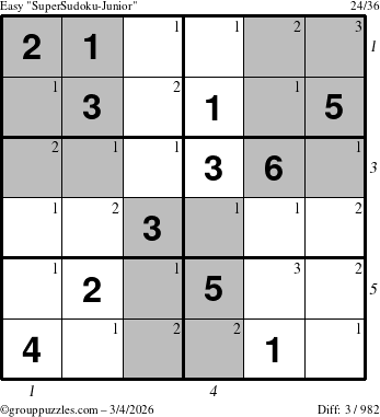 The grouppuzzles.com Easy SuperSudoku-Junior puzzle for Wednesday March 4, 2026, suitable for printing, with all 3 steps marked