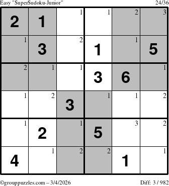 The grouppuzzles.com Easy SuperSudoku-Junior puzzle for Wednesday March 4, 2026 with the first 3 steps marked