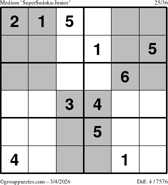 The grouppuzzles.com Medium SuperSudoku-Junior puzzle for Wednesday March 4, 2026