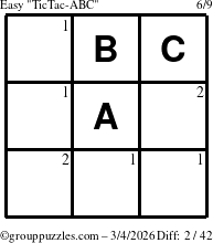 The grouppuzzles.com Easy TicTac-ABC puzzle for Wednesday March 4, 2026 with the first 2 steps marked