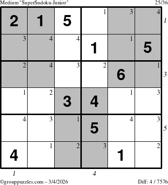 The grouppuzzles.com Medium SuperSudoku-Junior puzzle for Wednesday March 4, 2026, suitable for printing, with all 4 steps marked