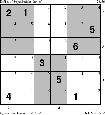 The grouppuzzles.com Difficult SuperSudoku-Junior puzzle for Wednesday March 4, 2026 with all 5 steps marked
