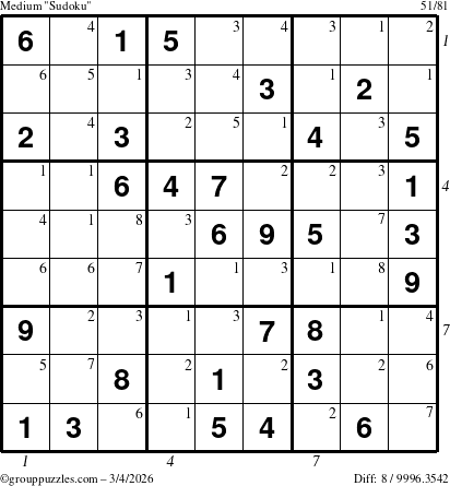 The grouppuzzles.com Medium Sudoku puzzle for Wednesday March 4, 2026 with all 8 steps marked