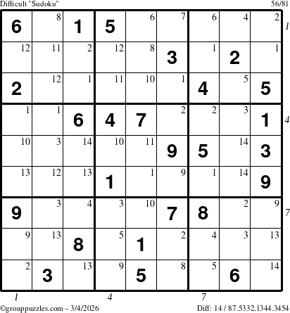 The grouppuzzles.com Difficult Sudoku puzzle for Wednesday March 4, 2026, suitable for printing, with all 14 steps marked