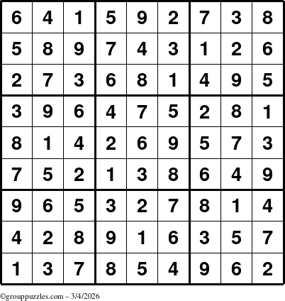 The grouppuzzles.com Answer grid for the Sudoku puzzle for Wednesday March 4, 2026