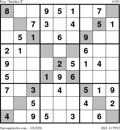 The grouppuzzles.com Easy Sudoku-X puzzle for Wednesday March 4, 2026