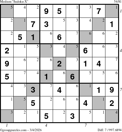 The grouppuzzles.com Medium Sudoku-X puzzle for Wednesday March 4, 2026, suitable for printing, with all 7 steps marked