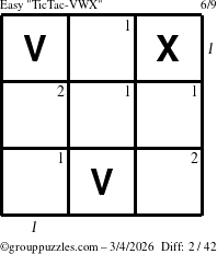 The grouppuzzles.com Easy TicTac-VWX puzzle for Wednesday March 4, 2026, suitable for printing, with all 2 steps marked